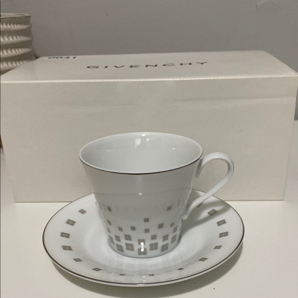 Brand New Givenchy White and Silver Teacup and Saucer Set